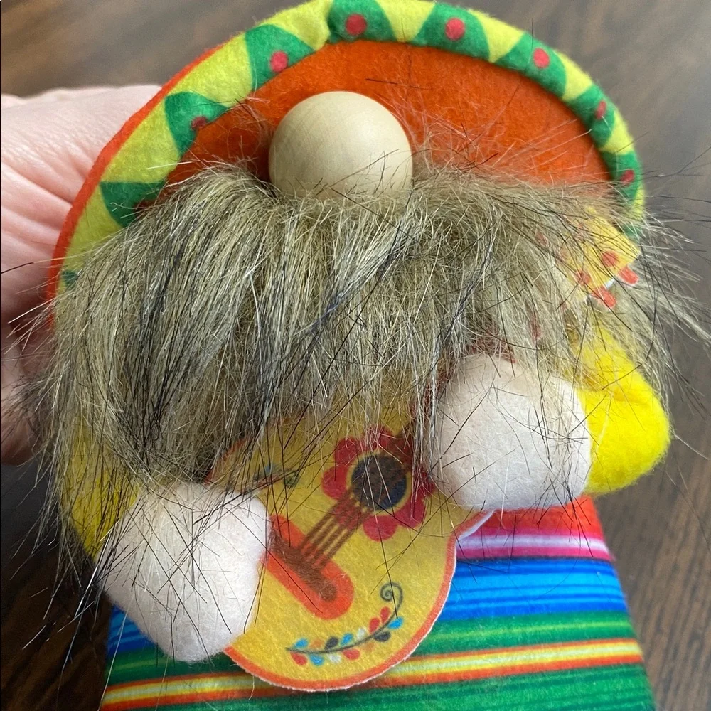 “5/$20” cute little wooden nose man with sombrero poncho and guitar